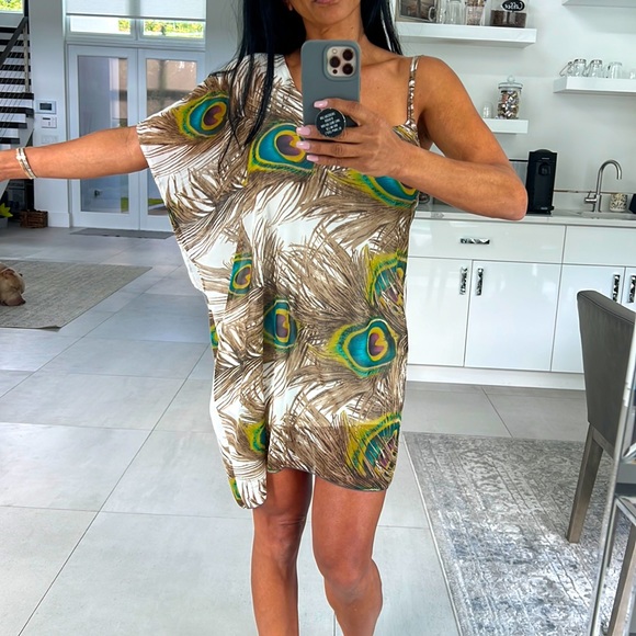 one shoulder peacock print dress Misope | Dresses | Peacock Print Dress